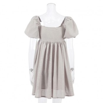 Vintage Lantern Sleeve Hemp A-line Party Dress Short Sleeve Square Collar Solid Casual Mini Dress